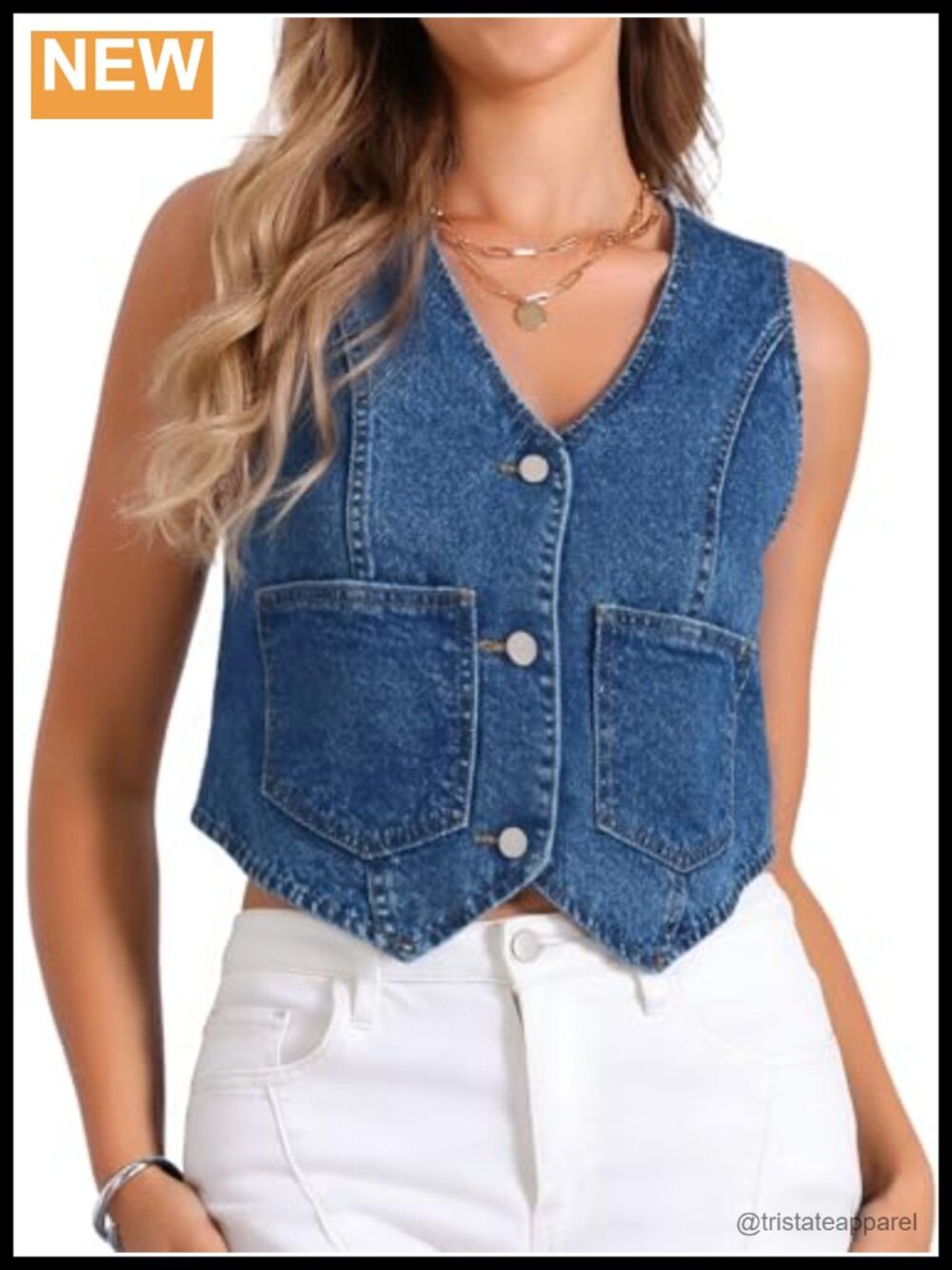 Womens Denim Vest Sleeveless V Neck Button Down Cropped Waistcoat Top